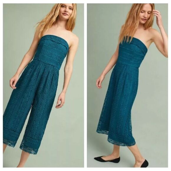 NWT Anthropologie Greylin Stowe Lace Jumpsuit Teal Strapless Wide Leg Size Petit - Picture 1 of 9